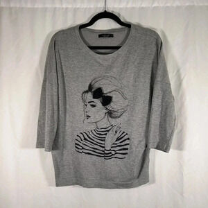 Mohito Sweater Women's XL Grey Crew Neck Woman Print Long Sleeve
